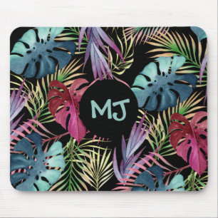 Tropical Leaves Jungle Pattern with Monogram Mouse Pad