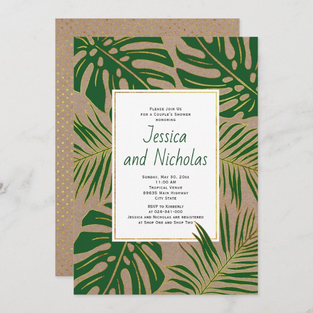 Tropical leaves kraft paper wedding couples shower invitation (Front/Back)