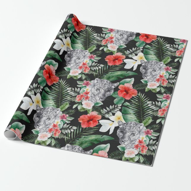 Tropical leaves leopard floral wrapping paper (Unrolled)