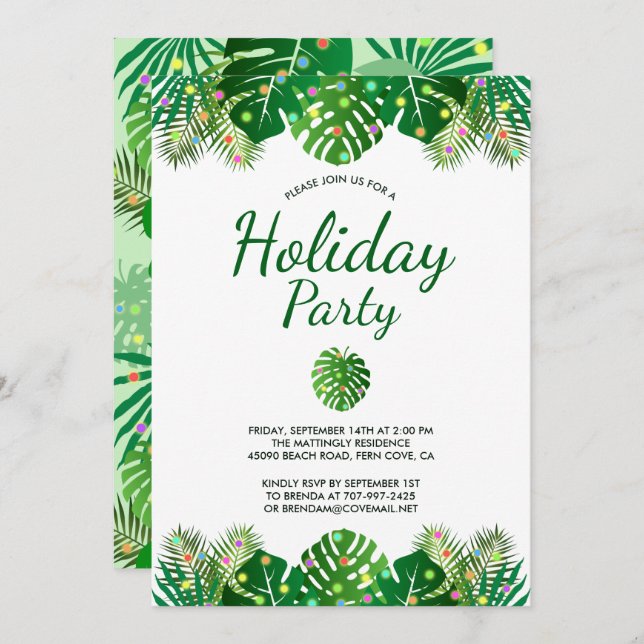 Tropical Leaves Lights Foliage Holiday Beach Party Invitation (Front/Back)