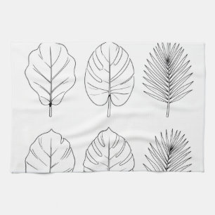Tropical Leaves Line Art Pattern Tea Towel