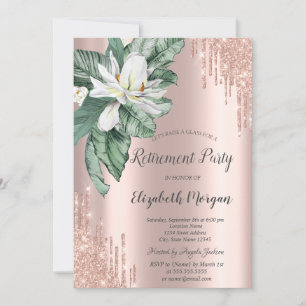 Tropical Leaves Magnolia Glitter Drips Retirement  Invitation