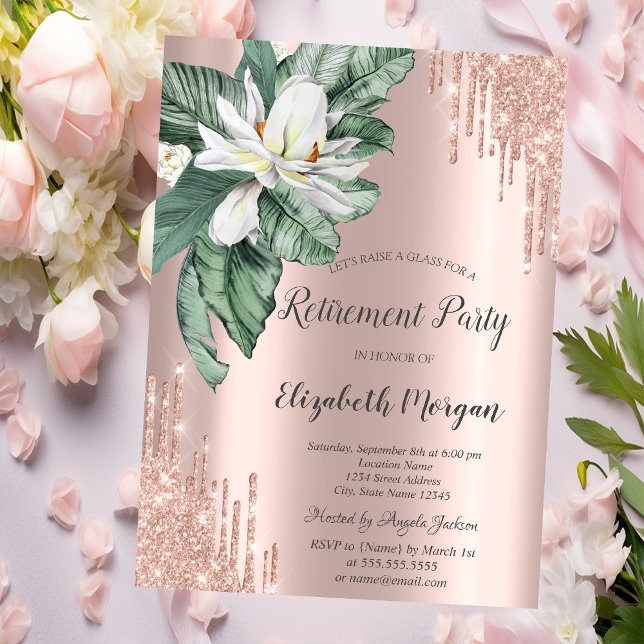 Tropical Leaves Magnolia Glitter Drips Retirement  Invitation (Creator Uploaded)