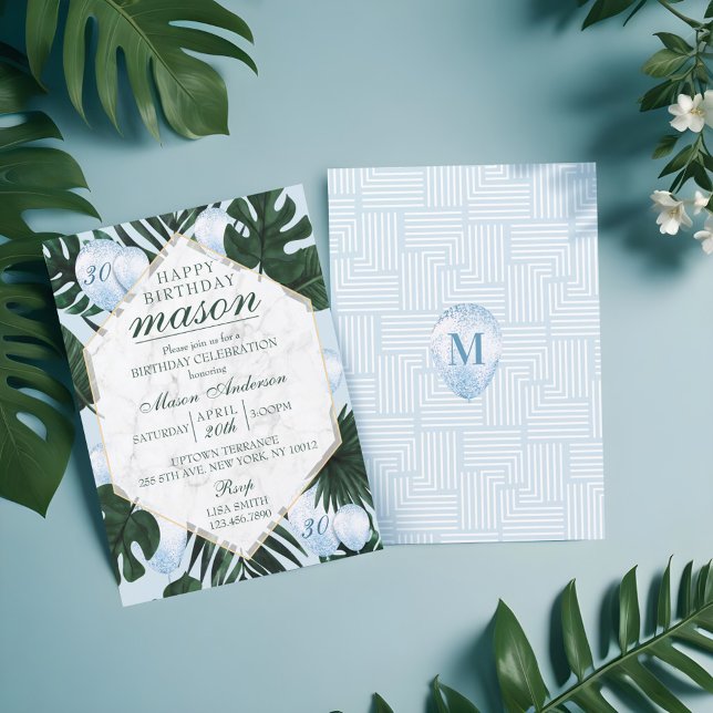 Tropical Leaves Marble Blue Birthday Invitation (Tropical Leaves Marble Blue Birthday Invitation)