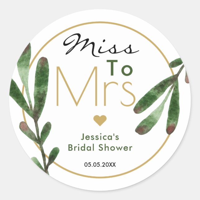 Tropical Leaves Miss To Mrs Bridal Shower Classic Round Sticker (Front)
