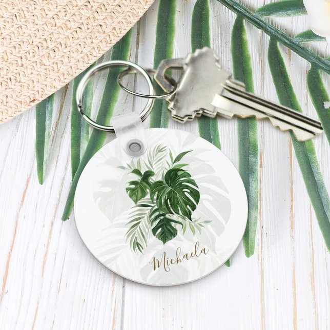 Tropical Leaves Modern Elegant Script Personalised Key Ring (Creator Uploaded)