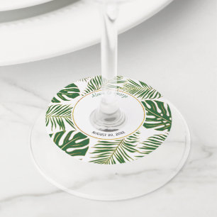 Tropical leaves modern gold and green wedding wine glass tag