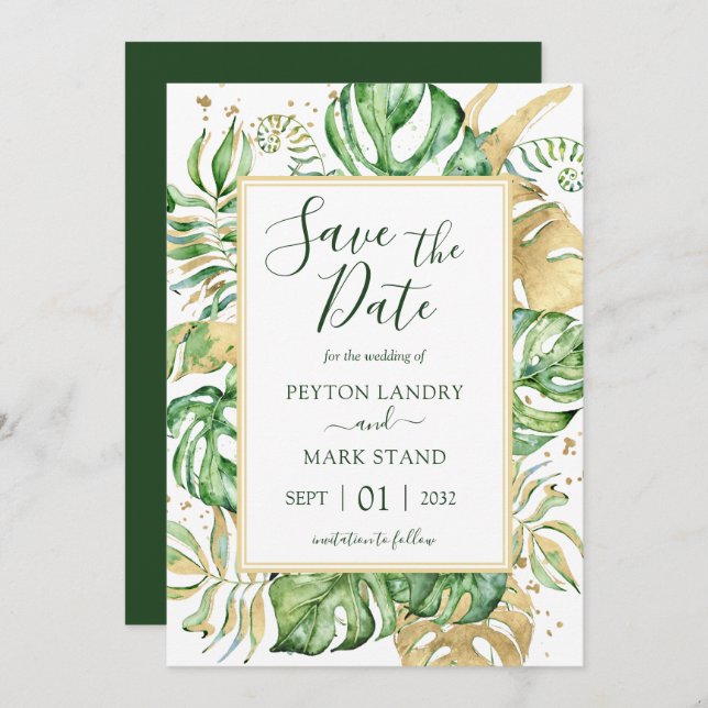 Tropical Leaves Modern Gold Frame Save the Date (Front/Back)