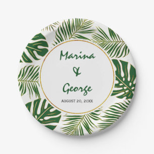 Tropical leaves modern green gold wedding paper plate