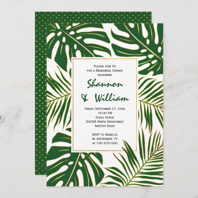 Tropical leaves modern wedding rehearsal dinner invitation (Front/Back)