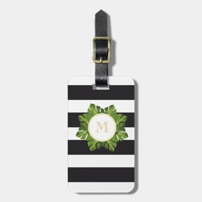 Tropical Leaves | Monogrammed Luggage tag striped (Front Vertical)
