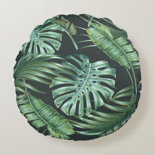 Tropical leaves, monstera, banana leaf, jungle fol round cushion