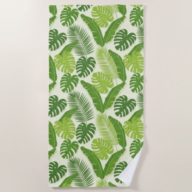 Tropical Leaves & Monstera Seamless Pattern Beach Towel (Front)