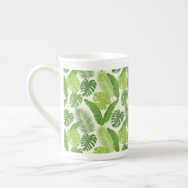 Tropical Leaves & Monstera Seamless Pattern Bone China Mug (Left)