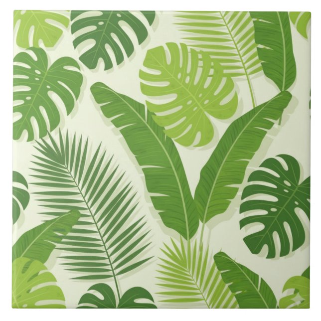 Tropical Leaves & Monstera Seamless Pattern Ceramic Tile (Front)