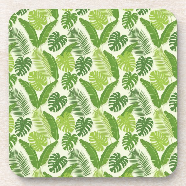 Tropical Leaves & Monstera Seamless Pattern Coaster (Front)