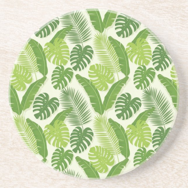 Tropical Leaves & Monstera Seamless Pattern Coaster (Front)