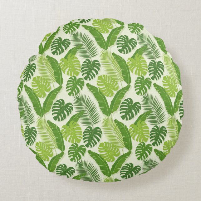 Tropical Leaves & Monstera Seamless Pattern Round Cushion (Front)