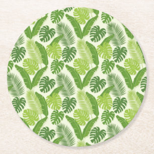 Tropical Leaves & Monstera Seamless Pattern Round Paper Coaster