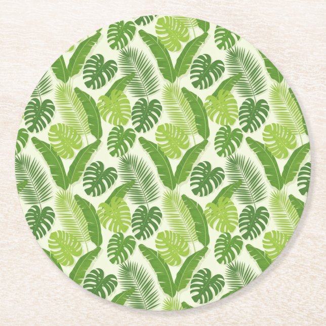 Tropical Leaves & Monstera Seamless Pattern Round Paper Coaster (Front)