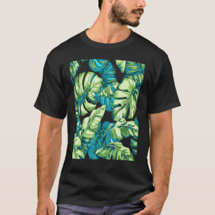 Tropical Leaves Of Banana and Monstera Blue Green T-Shirt