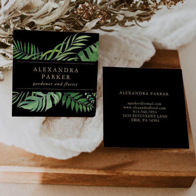 Tropical Leaves on Black with Gold Square Business Card (Creator Uploaded)