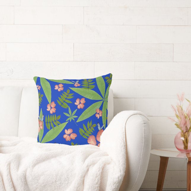 Tropical Leaves on Blue Cushion (Couch)