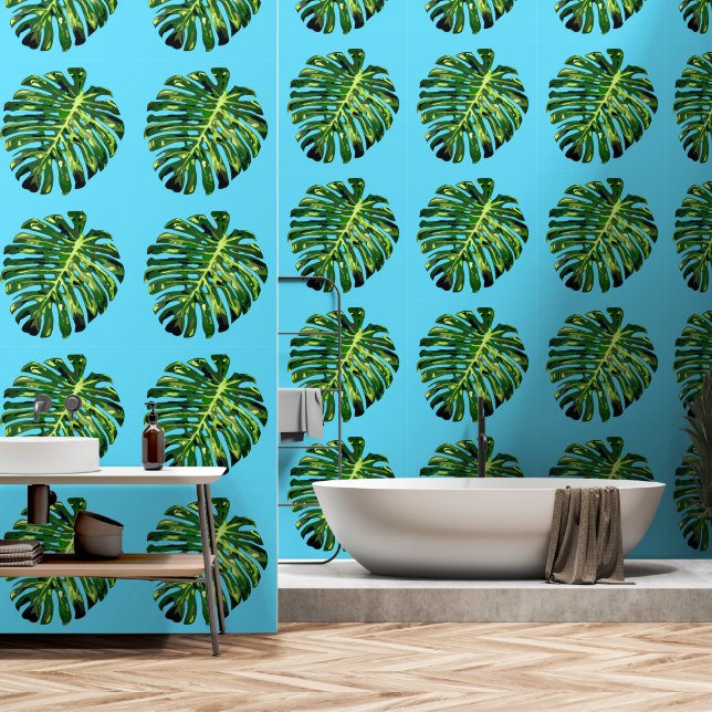 Tropical Leaves on Blue Sky Wallpaper (Bathroom)