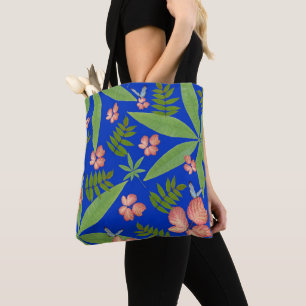 Tropical Leaves on Blue Tote Bag