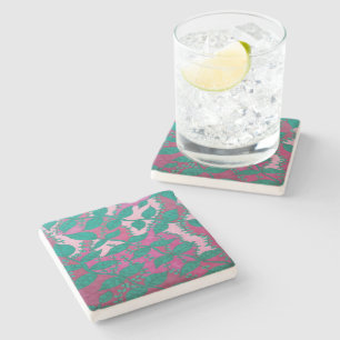 Tropical Leaves on Pink Stone Coaster