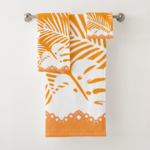 Tropical Leaves Orange Backed in White Fancy Trim Bath Towel Set