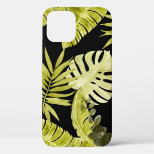 Tropical leaves, orchids, watercolor pattern. iPhone 12 case