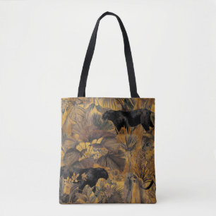 Tropical leaves, panther and orchid. Seamless vint Tote Bag
