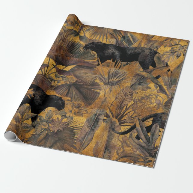 Tropical leaves, panther and orchid. Seamless vint Wrapping Paper (Unrolled)