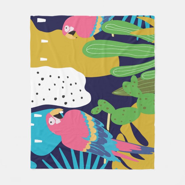 Tropical leaves, parrots: summer background. fleece blanket (Front)