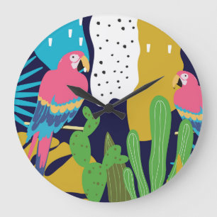 Tropical leaves, parrots: summer background. large clock