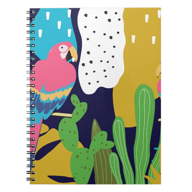 Tropical leaves, parrots: summer background. notebook (Front)