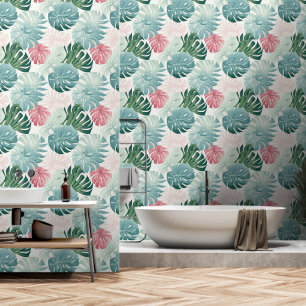 Tropical Leaves Pastel Turquoise Pink Green Wallpaper