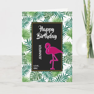 Tropical Leaves Pattern and Pink Flamingo Birthday Card