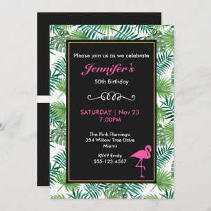 Tropical Leaves Pattern and Pink Flamingo Birthday Invitation