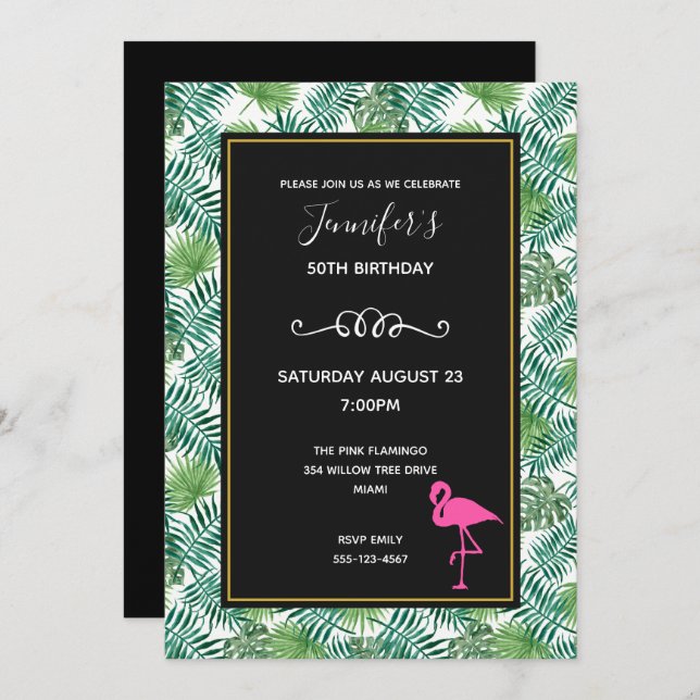 Tropical Leaves Pattern and Pink Flamingo Birthday Invitation (Front/Back)