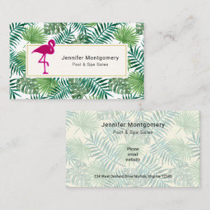 Tropical Leaves Pattern and Pink Flamingo Business Card