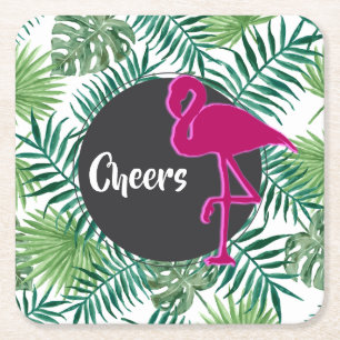 Tropical Leaves Pattern and Pink Flamingo Cheers Square Paper Coaster