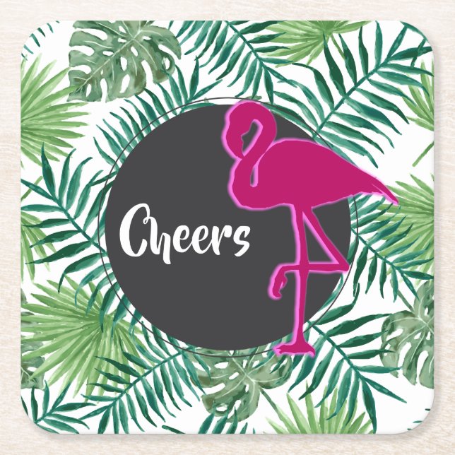 Tropical Leaves Pattern and Pink Flamingo Cheers Square Paper Coaster (Front)