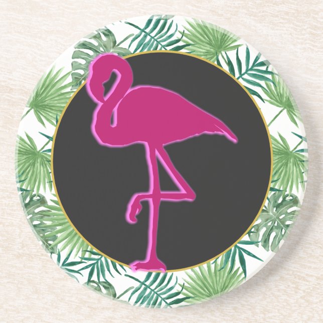 Tropical Leaves Pattern and Pink Flamingo Coaster (Front)