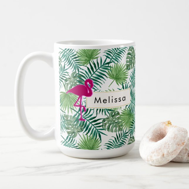 Tropical Leaves Pattern and Pink Flamingo Custom Coffee Mug (With Donut)