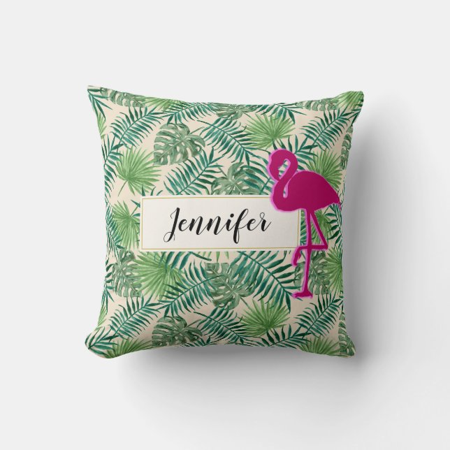 Tropical Leaves Pattern and Pink Flamingo Custom Cushion (Front)