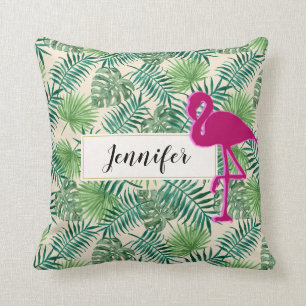 Tropical Leaves Pattern and Pink Flamingo Custom Cushion