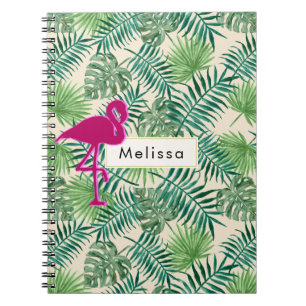 Tropical Leaves Pattern and Pink Flamingo Custom Notebook