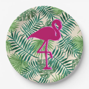 Tropical Leaves Pattern and Pink Flamingo Paper Plate